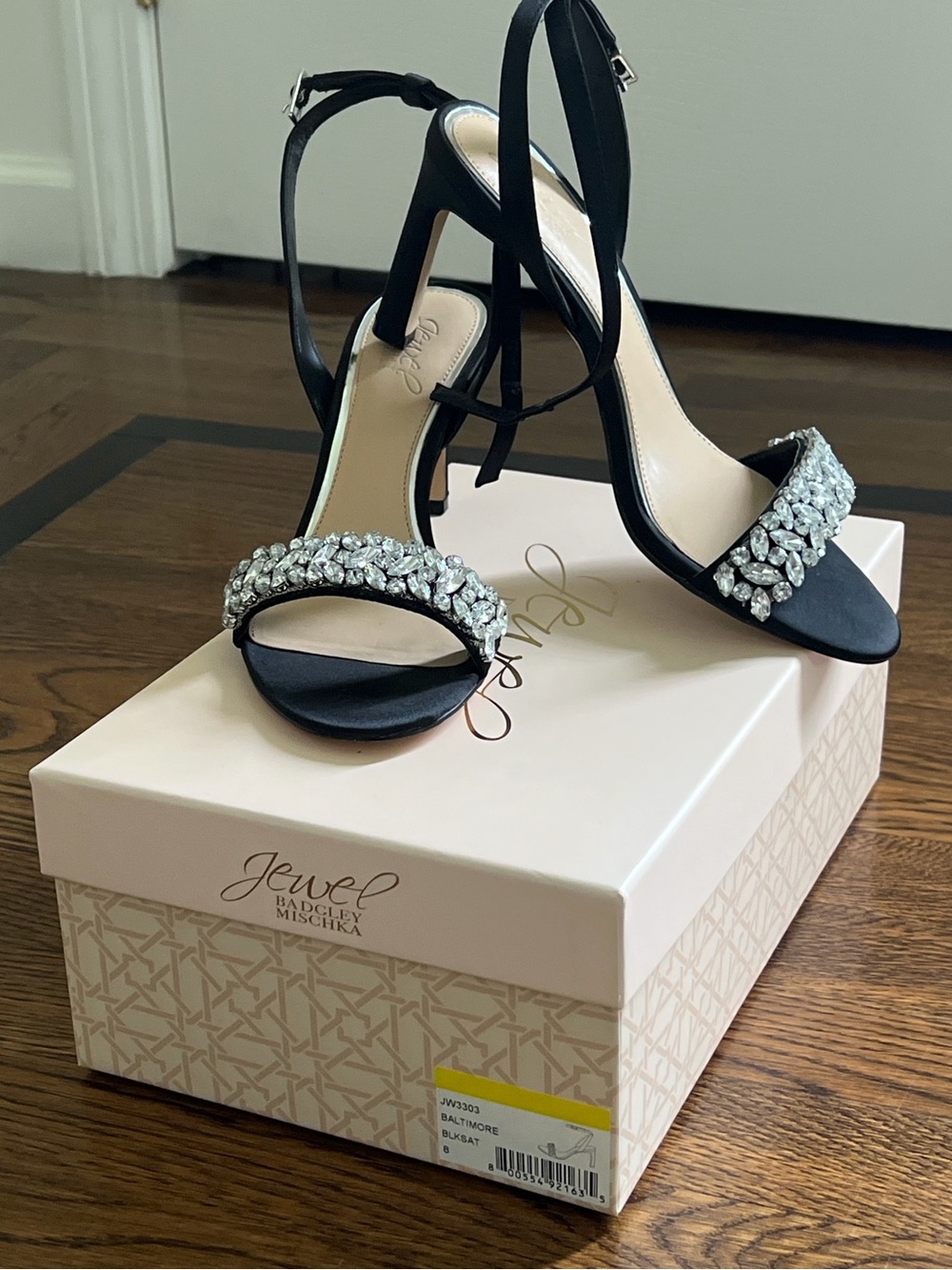 Badgley Mischka Black Crystal-Embellished Ankle-Strap Heels
